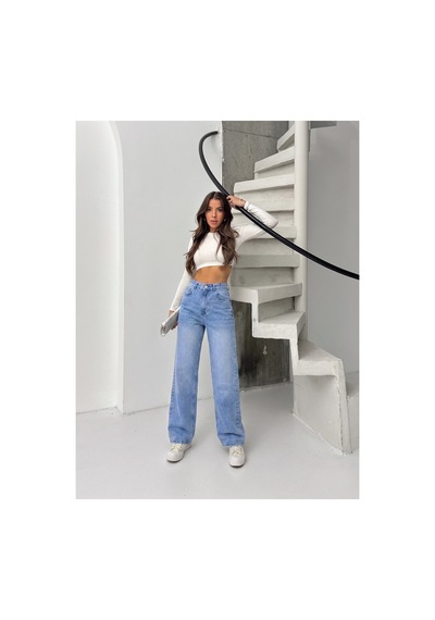 Bluemarlin Taş Yıkama İşlemli Yüksek Bel Straight Denim Pantolon Taş Yıkama
