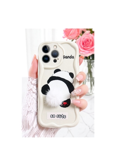 Fibaks iPhone 15 Pro Uyumlu Kılıf Tasarımlı Desenli Kamera Korumalı Panda Beyaz Püsküllü Silikon Kapak