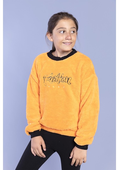 Toontoy Kız Çocuk Nakışlı Peluş Sweatshirt Turuncu