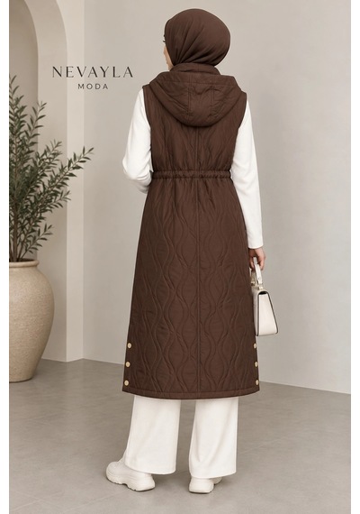 Nevayla Moda Mevsimlik Kapüşonlu Yelek - Kahverengi / M117