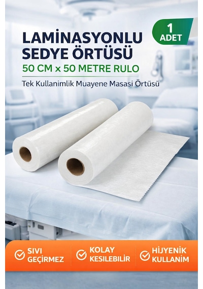 Laminasyonlu Sedye Örtüsü 50 Cm X 50 Metre Rulo Tek Kullanımlık Muayene Masası Örtüsü 1 Adet Bej