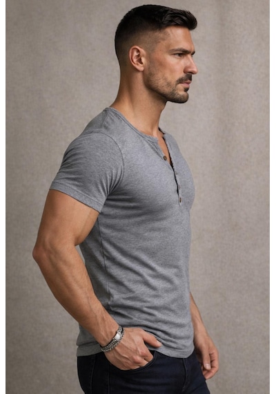 Özel Üretim Henley Yaka Düğmeli Açık Geniş Yaka Tişört T-shirt Füme Özel Üretim Henley Yaka Düğmeli Açık Geniş Yaka Tişört T-shirt Füme