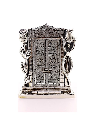Polyester Üzerine Metal Kaplama Biblo Allah Muhammed Yazılı Gül Kabe Kapısı Gümüş Biblo 25 Cm