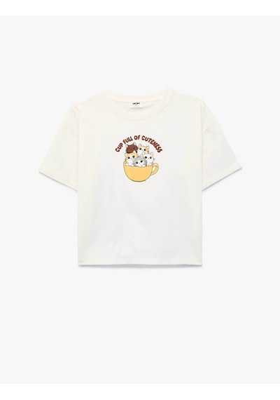 Koton Kedi Baskılı Ekru Kız Çocuk T-shirt 6skg10586ak