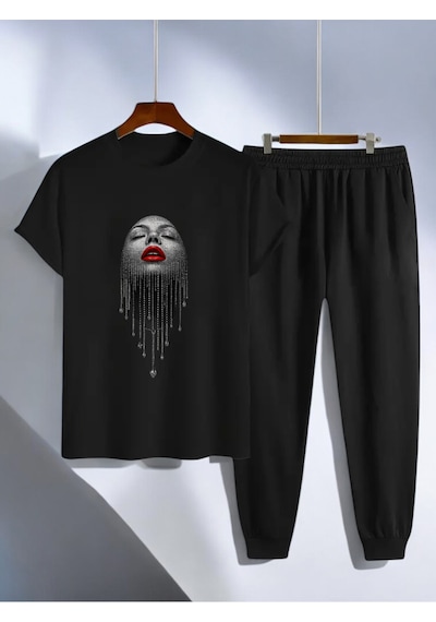 Uyguntarz Unisex Pırlantalı Kadın Portresi Tasarım Basklı Tshirt Eşofman Takımı Siyah