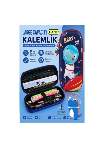 Dinazor Kabartmalı Bölmeli Kalemlik 1 Adet P-5953 Erkek Çocuk Okul Kalem Kutusu 3 Boyutlu Sevimli Karikatür Hediyelik Sarı
