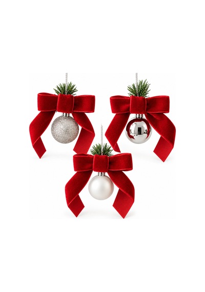 3 Lü Kırmızı Kadife Fiyonklu Yılbaşı Topu Seti Noel Ve Çam Ağacı Asma Süsü Dekoratif Yılbaşı Süsü Kırmızı - 936260202