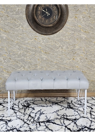 Zafir Beyaz Boyalı Tel Ayaklı 90 Cm Puf Bench - Puf - Bench - Kasalı Oturak - Oturak - Yatak Ucu Puf Gri