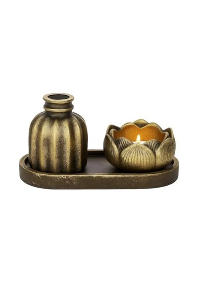 Mireva Lotus Tealight Mumluk Ve Mini Vazo Seti Dekoratif Tepsi Üzerinde Altın Renk Mumluk Seti, Masa &amp Sehpa E Çok Renkli