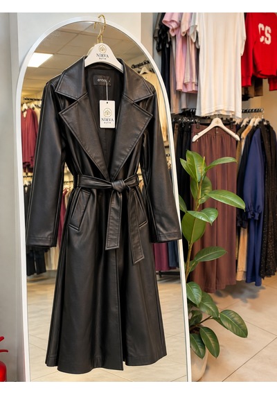 Nirva Butik Deri Uzun Trenç Siyah