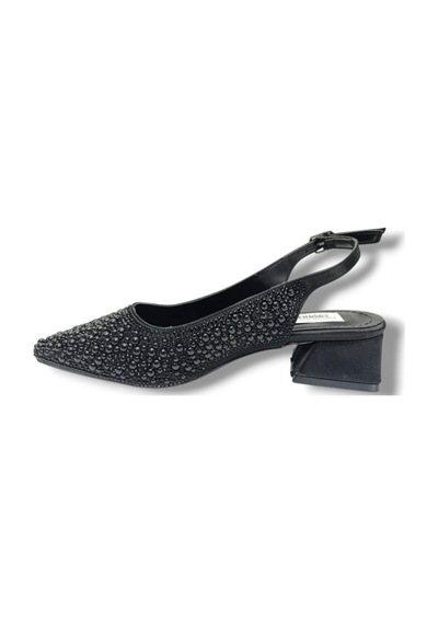 C-shoes 2605-26 Saten İncili Taşlı Kare Topuk Arkası Açık Kadın Ayakkabı Siyah