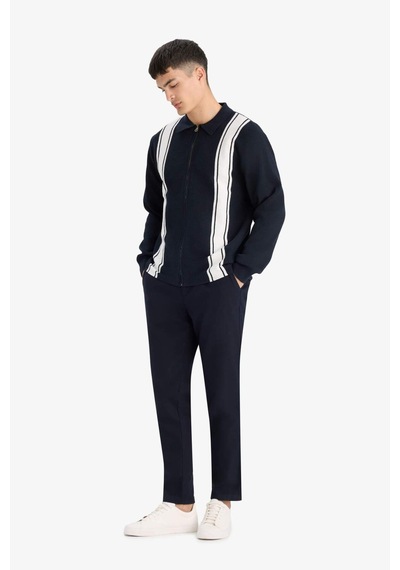 Defacto Standart Fit Polo Yaka Fermuarlı Çizgili Triko Hırka F4981ax25aunv64 Lacivert