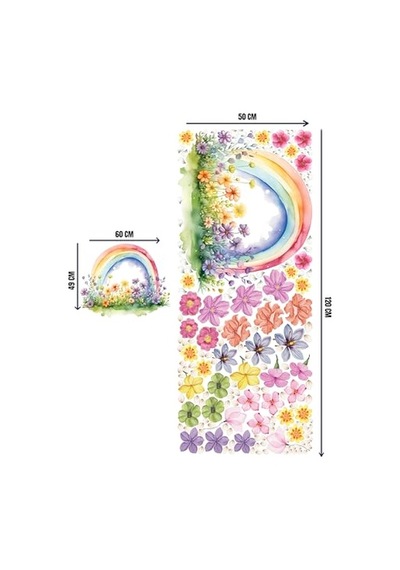 Gökkuşağı Ve Çiçek Desenli Duvar Sticker Mat Pvc, Kolay Uygulanan, Sökülebilir Dekoratif Duvar Çıkartması