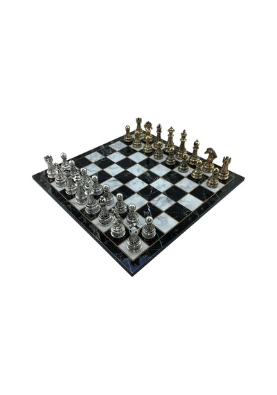 Gifthome Premium Battal Boy Metal İşlemeli Klasik Satranç Takımı Ve Katlanır Mermer Desenli Mdf Satranç Tahtası 43x43 Cm.