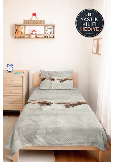 Sanatsal Dokunuş Genç Odası Tek Kişilik Pike Takımı - Adem'in Yaratılışı 160x220 Cm Yatak Örtüsü Naif Sepet Demi