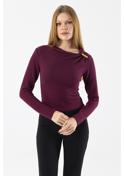 Giysa Kadın Asimetrik Yaka Omuz Aksesuar Detaylı Body Bordo - 26100 Bordo