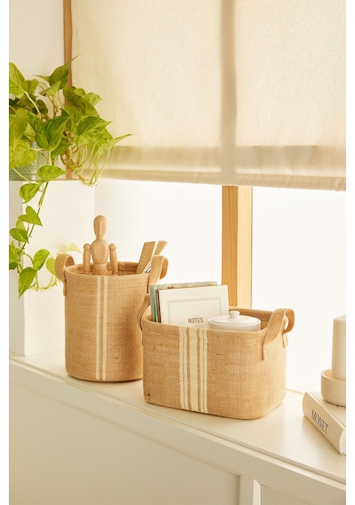 Ocean Home Textile 2'li Çizgili Jüt Sepet Set 1 Adet 20 x 20 / 1 Adet 24 x 17 x 14 cm