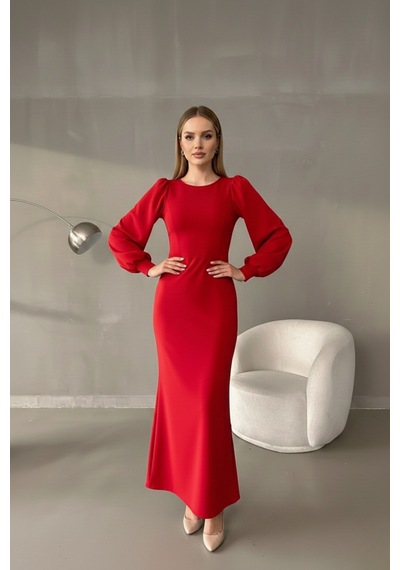 Defymoda Kadın Seçkin Tarz Balık Elbise Kırmızı