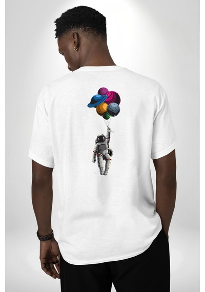 Gezegenler Balon Astronot Yükselişi Beyaz Oversize Unisex Ön Ve Sırt Baskılı Tişört Beyaz