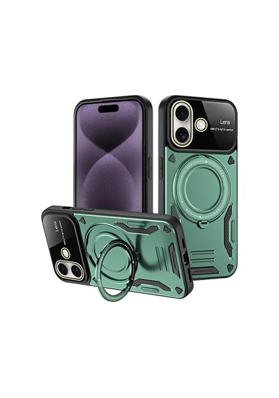 Newface Apple İphone 16 Kılıf Joy Lens Standlı Kapak - Koyu Yeşil
