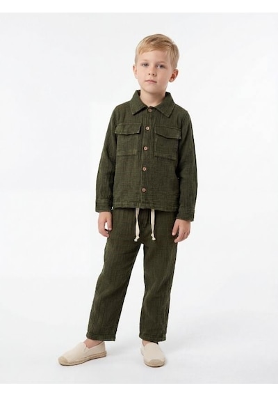 Zekids Erkek Çocuk Müslin Dokulu Rahat Kesim Pantolon-17144 Yeşil