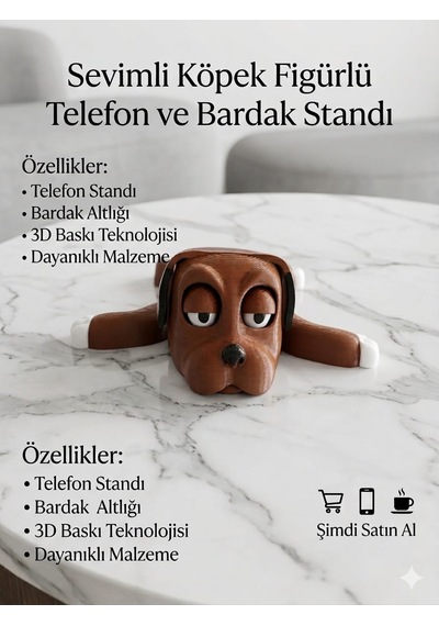 Sevimli Köpek Figürlü 2'si 1 Arada Telefon Standı Ve Bardak Altlığı - 3d Tasarım Kahverengi