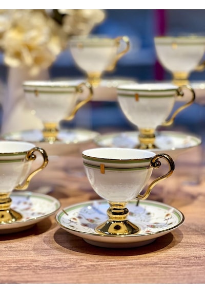 6lı Arlen Çiçek Tabaklı Yeşil Gold Ayaklı Türk Kahve Fincan Takımı