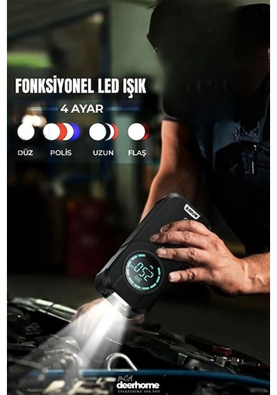 4'ü 1 Arada 90w Şarjlı Akü Ateşleyici Lastik Şişirici Powerbank Led Işık 150psi Yüksek Basınçlı