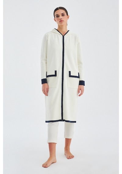Peraluna Nara Long Cardigan %100 Pamuk Kapüşonlu Kadın Triko Hırka Ekru/lacivert-ekru/lacivert Ekru - Lacivert