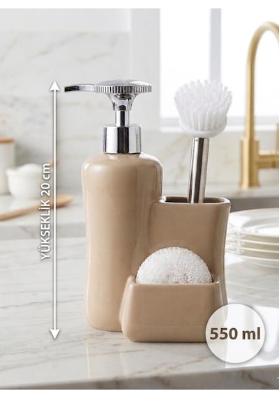 Porselen Tezgah Üstü Fırçalı Süngerli Sıvı Sabunluk Takımı 550 Ml Kahverengi