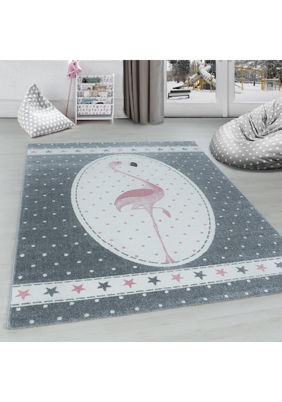 Flamingo Yıldız Desenli Çocuk Odası Halısı Pembe Gri Beyaz Renkli Halı Gri - Pembe