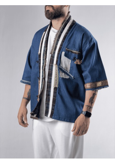 Tasarım Denim Erkek Kimono Coc3212 Mavi