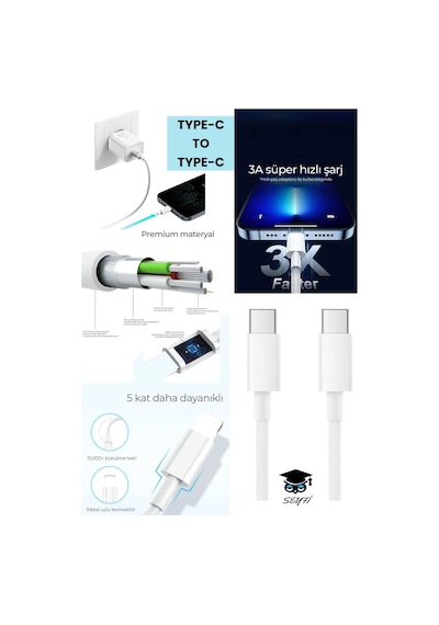 25w Type-c - Type-c Şarj Kablosu 1 Metre 3 A Ac 110-240v Samsung İphone İpad Şarj Kablosu