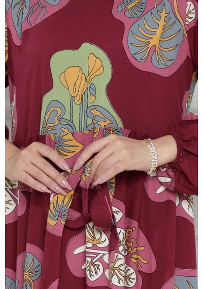 Sevitli Desenli Kuşaklı Viscon Elbise-bordo-4105-bordo Bordo