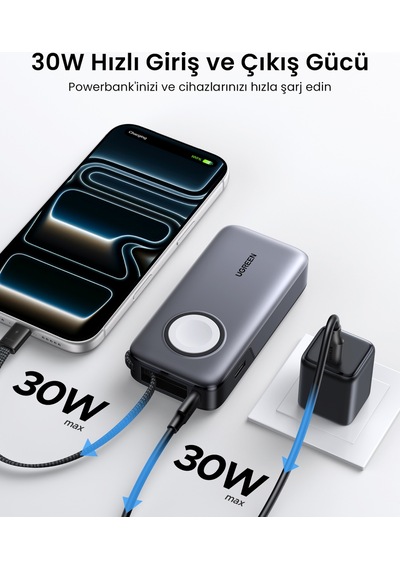 Ugreen 10.000 Mah 30w Magsafe Kablosuz Hızlı Şarj Powerbank, Apple Uyumlu Watch Şarj Destekli 5w , 55434b Gri