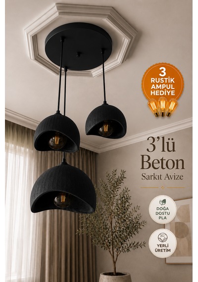 Beton Görünümlü 3'lü Sarkıt Avize Bohem Modern İskandinav Salon Yemek Masası Rustik Led Ampul Hediyeli Siyah
