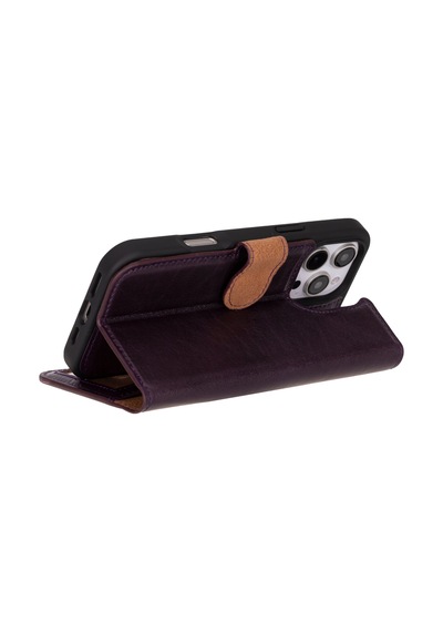 Bloomcase Apple Uyumlu iPhone 16 Pro Max Burgundy Hakiki Deri Cüzdanlı Telefon Kılıfı Mor
