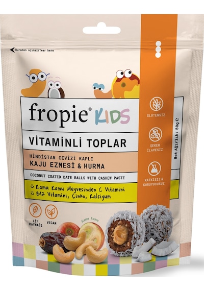 Fropie Vitaminli Kids Meyve Topları Hindistan Cevizi Kaplı & Kaju Ezmeli 80 G