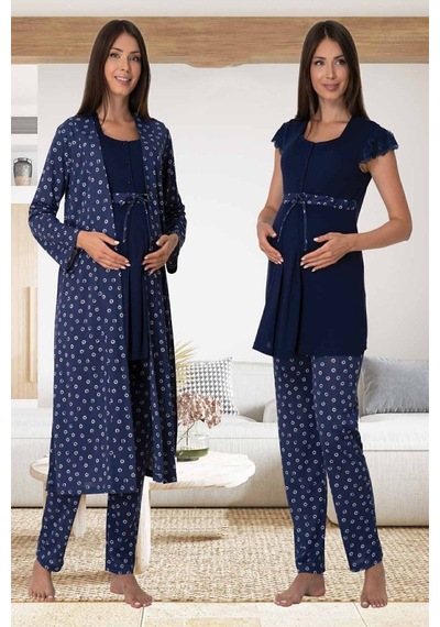 Effort Pijama Mayss Collections 6014 Lacivert Renk Mavi Sabahlıklı Lohusa Pijama Takımı Lacivert