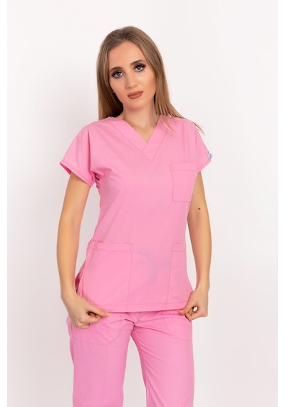 Şeker Pembe Renk Likralı Doktor Hemşire Cerrahi Tek Üst Forma Pembe