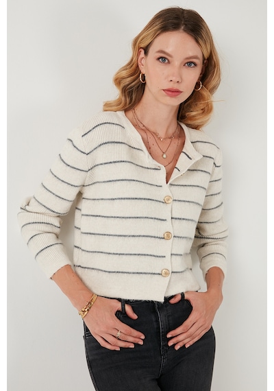 Lela Standart Fit Çizgili Yumuşak Dokulu Crop Triko Bayan Hırka 4615551 Taş