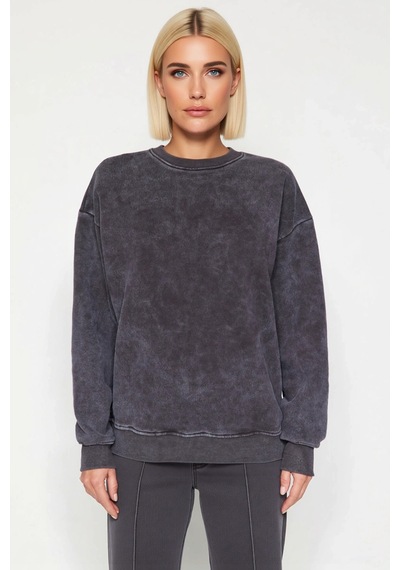 Benerly Kadın Bisiklet Yaka Düşük Kol Geniş Kalıp Sweatshirt Fonksiyonel Antrasit