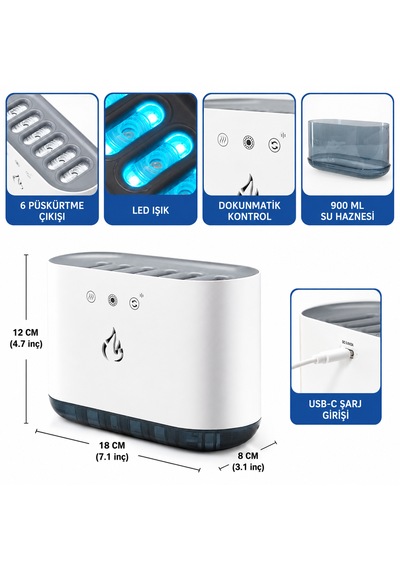 Efektli Hava Nemlendirici Ve Aromaterapi Difüzörü 900 Ml Büyük Kapasite, Rgb Led Işık, 6 Çıkışlı Güçlü Püskürtme