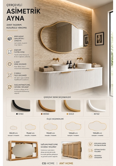 Ant Home Asimetrik Ayna Çerçeveli Ayna Duvar Aynası Konsol Aynası Banyo Aynası Çerçeveli Ayna Bronz