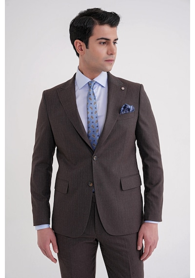 Efor Slim Fit Çift Yırtmaç Sivri Yaka Esnek Kahverengi Klasik Takım Elbise Tk 939 Kahverengi