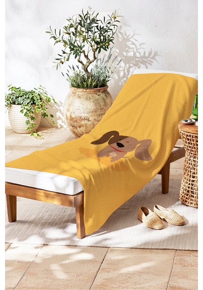 Sevimli Köpek Figürlü Çocuk Plaj Havlusu - Sarı Minimalist Unisex Hızlı Kuruyan Mikrofiber Havlu Kumlu Armut