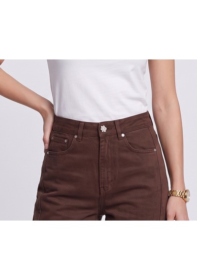 Bsb Kadın Yüksek Bel Geniş Paça Dikey Dikiş Detaylı Crop Jean Pantolon Kahverengi