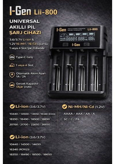 I-gen G428 4'lü 18650 Li-ıon Akıllı Pil Şarj Aleti + 4 Adet 18650 2000mah 3c 3.7v 7.4 Wh Li-ıon Pil Seti