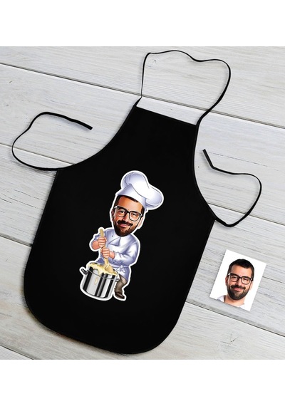 Kişiye Özel Erkek Chef Karikatürlü Siyah Mutfak Önlüğü-4