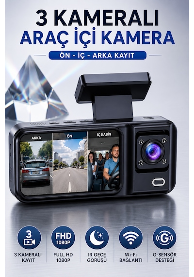 3 Kameralı Araç İçi Kamera Full HD 1080P Ön Arka İç Kamera IR Gece Görüşü G-Sensör Dashcam